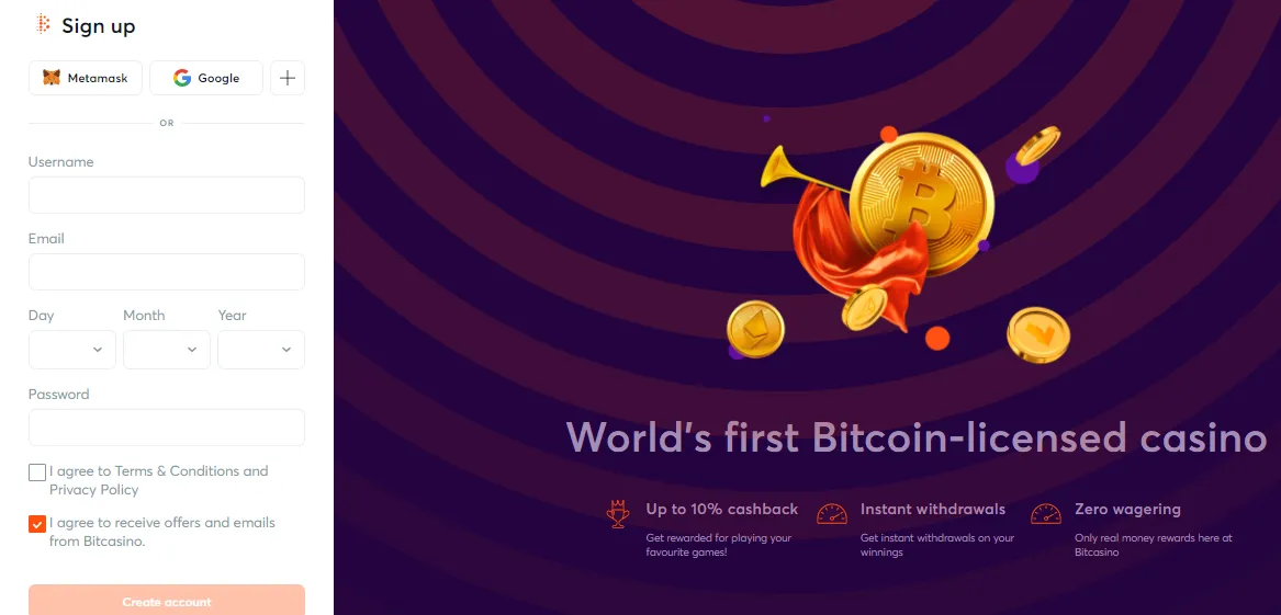 Регистрация в криптоказино Bitcasino