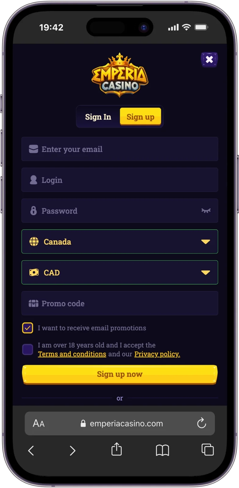 Registration at Emperia Casino