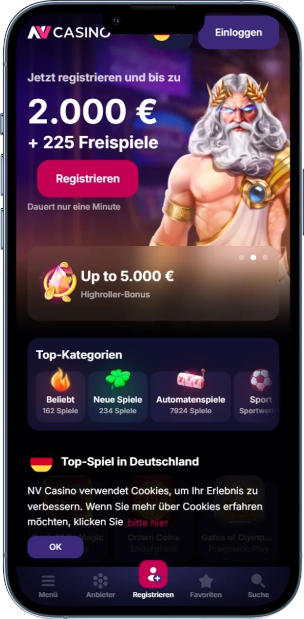Startseite der offiziellen Website von NV Casino