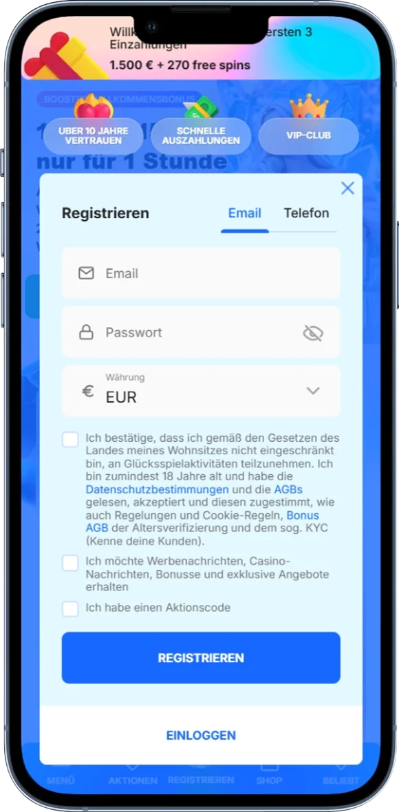Registrierung bei Ice Casino