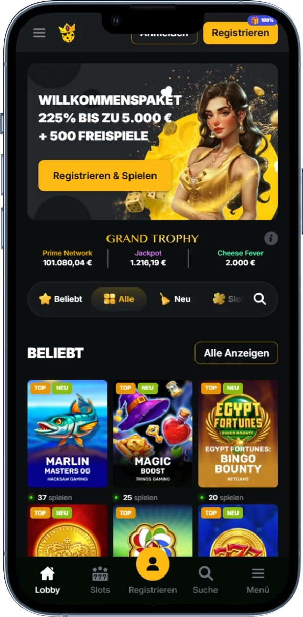 Startseite mit Navigation, Spielbereichen und aktuellen Angeboten