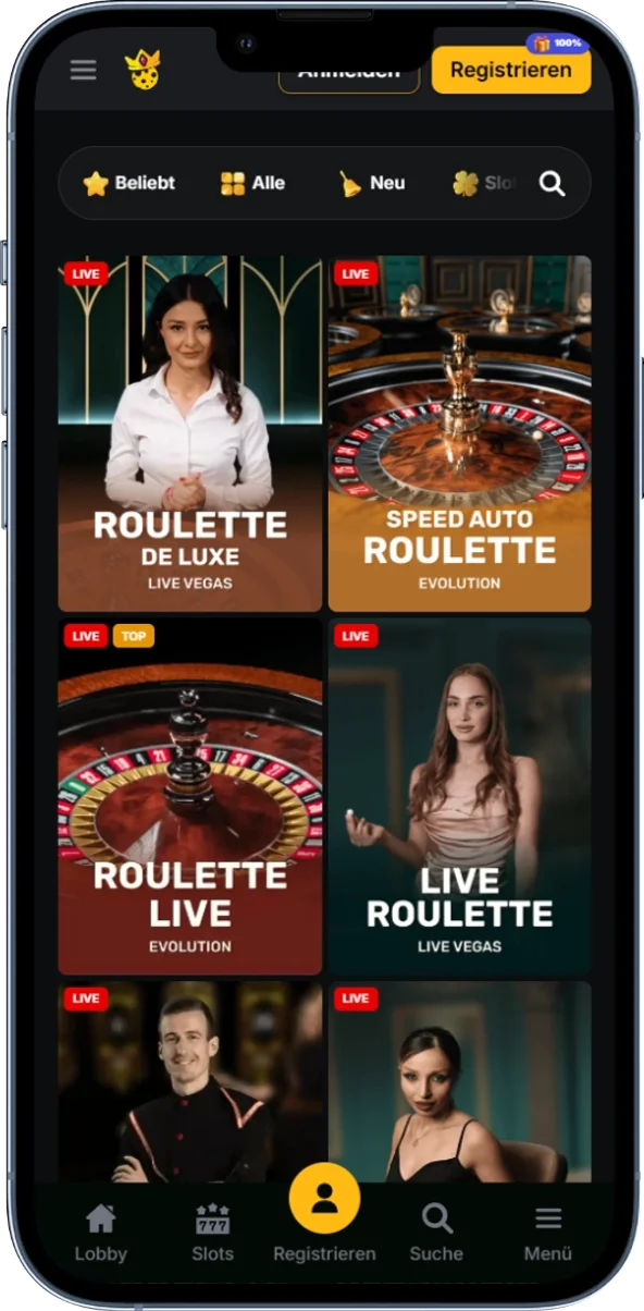 Live-Bereich mit Dealer-Spielen, Roulette und Spielshows