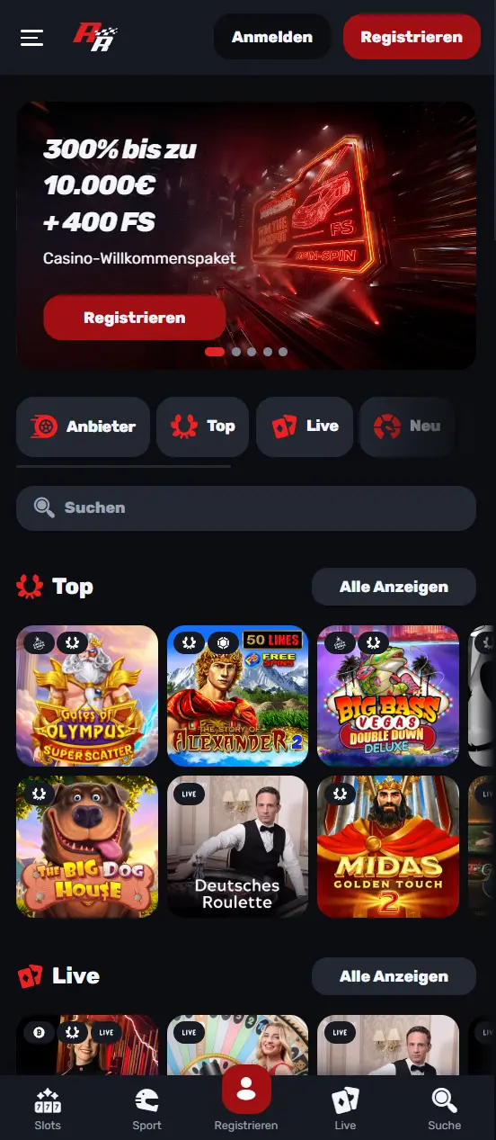 Mobile Version des Red Racer Casinos auf dem Smartphone