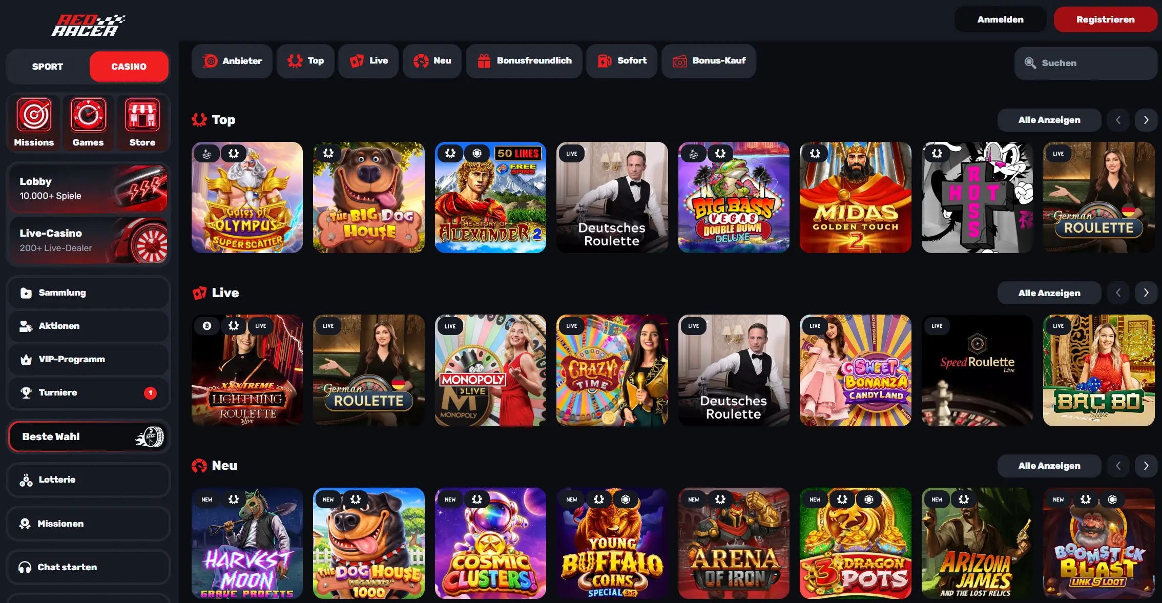 Spielekatalog im Red Racer Casino