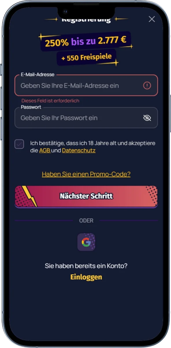 Registrierungsformular von Spinlander auf dem Smartphone