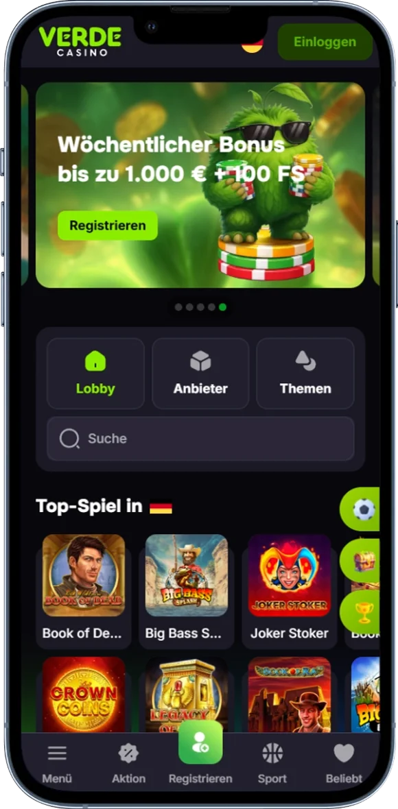 Startseite des Verde Casino