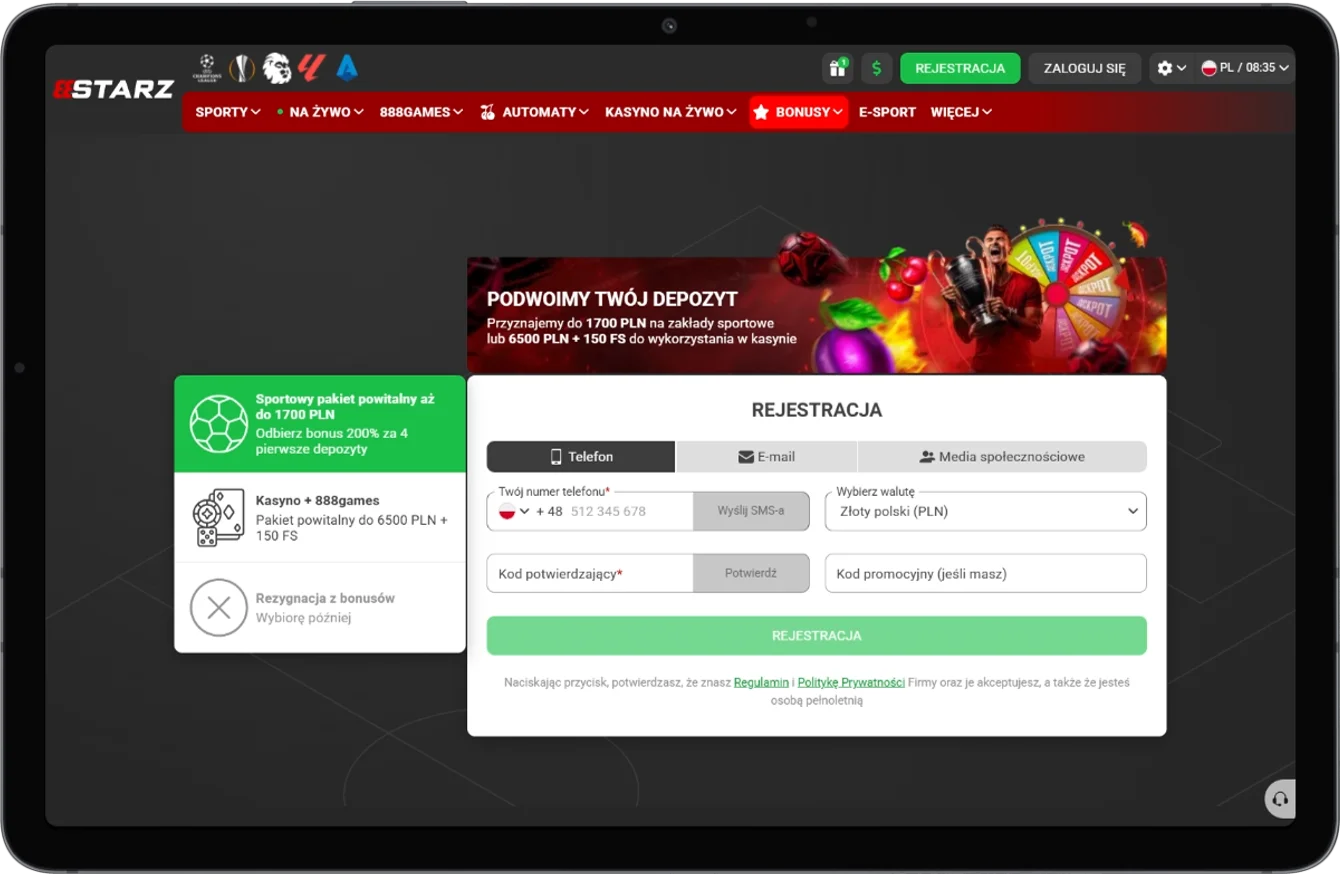 Formularz rejestracji konta w 888Starz