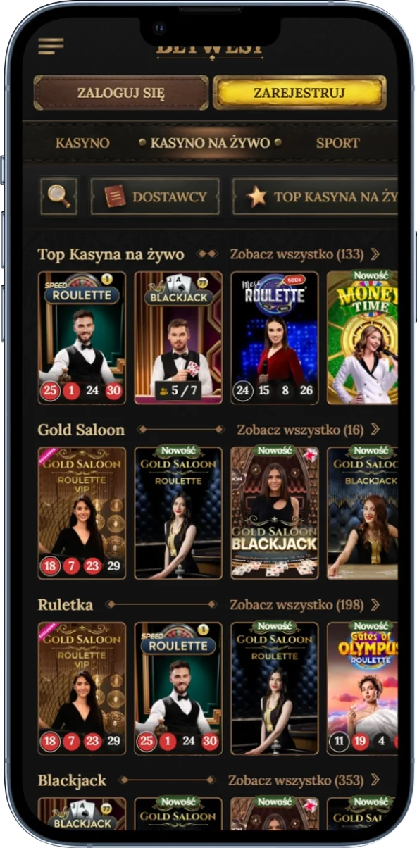 Sekcja Kasyno na żywo w BetWest Casino