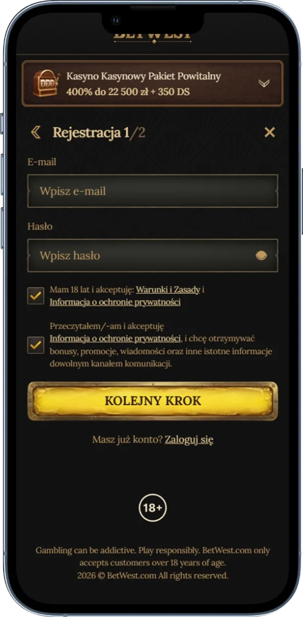 Formularz rejestracji w BetWest Casino
