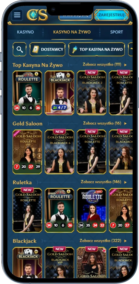 Sekcja kasyna na żywo z grami live w Casea