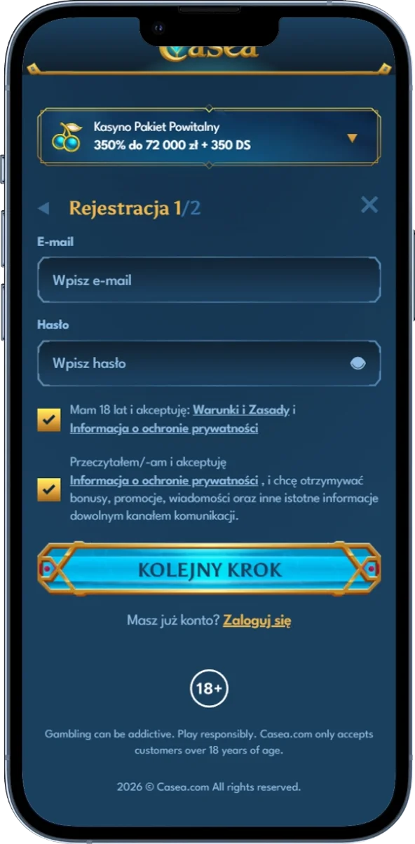 Formularz rejestracji konta w Casea