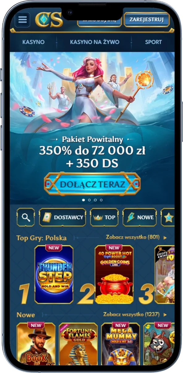 Strona główna Casea z menu i głównymi sekcjami serwisu
