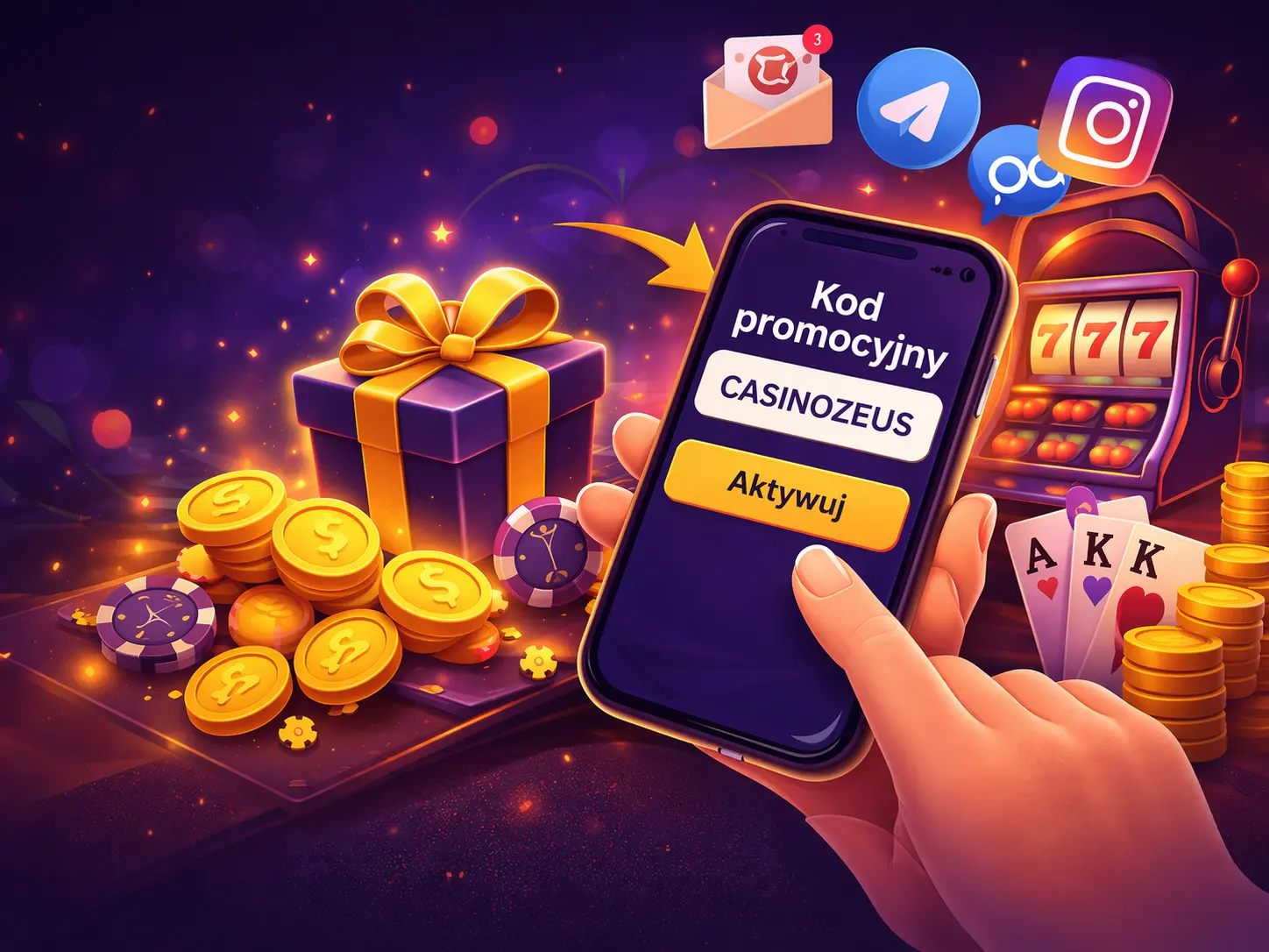 Ilustracja kodu promocyjnego kasyna ze smartfonem, prezentem i symbolami gry