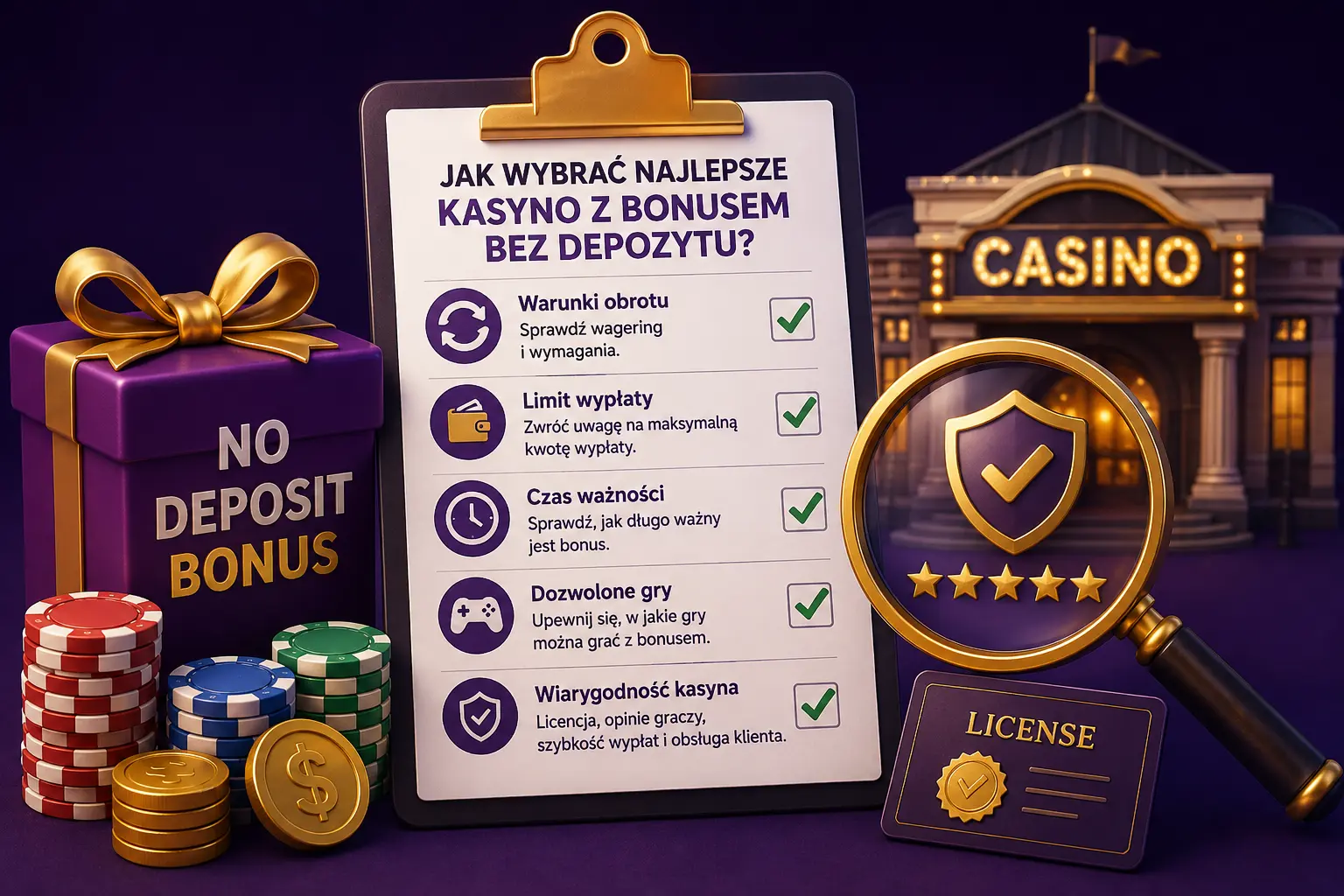 Jak wybrać najlepsze kasyno z bonusem bez depozytu – ilustracja z checklistą, licencją i symbolem bezpieczeństwa