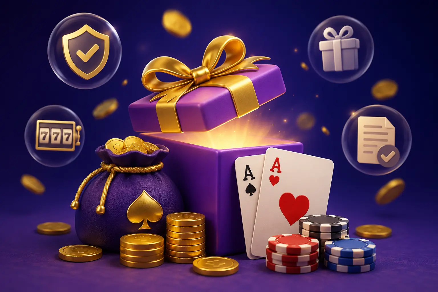 Bonus bez depozytu w kasynie online z prezentem, monetami, kartami i żetonami