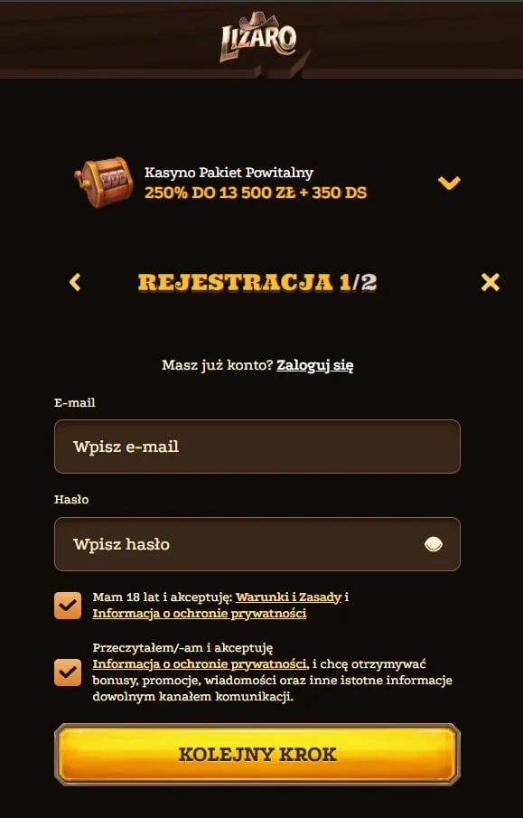 Rejestracja w kasynie Lizaro