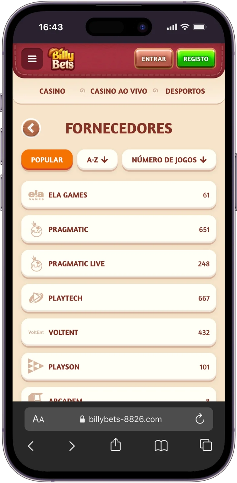 Fornecedores da BillyBets Casino