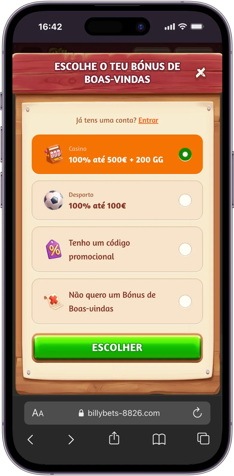 Registar do BillyBets Casino