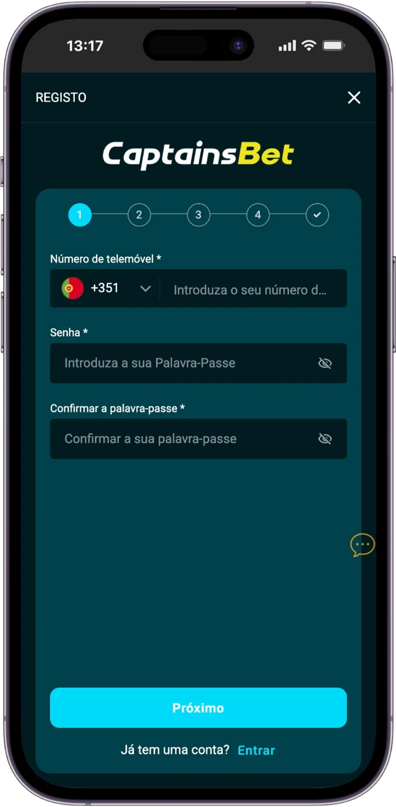 Registo da Captainsbet Casino
