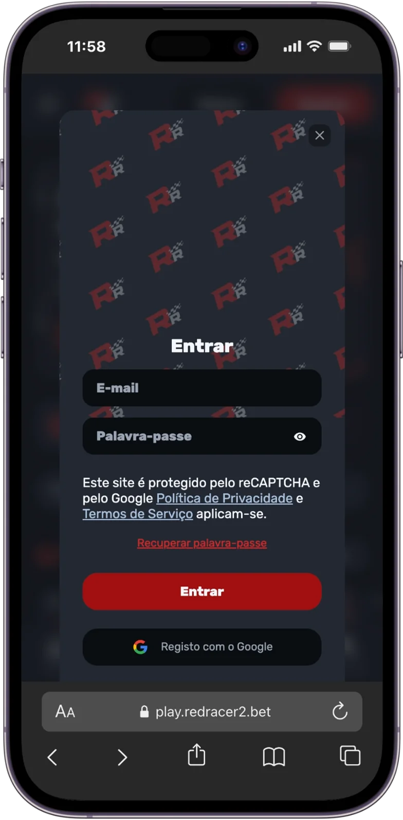 Início de sessão no Red Racer Casino