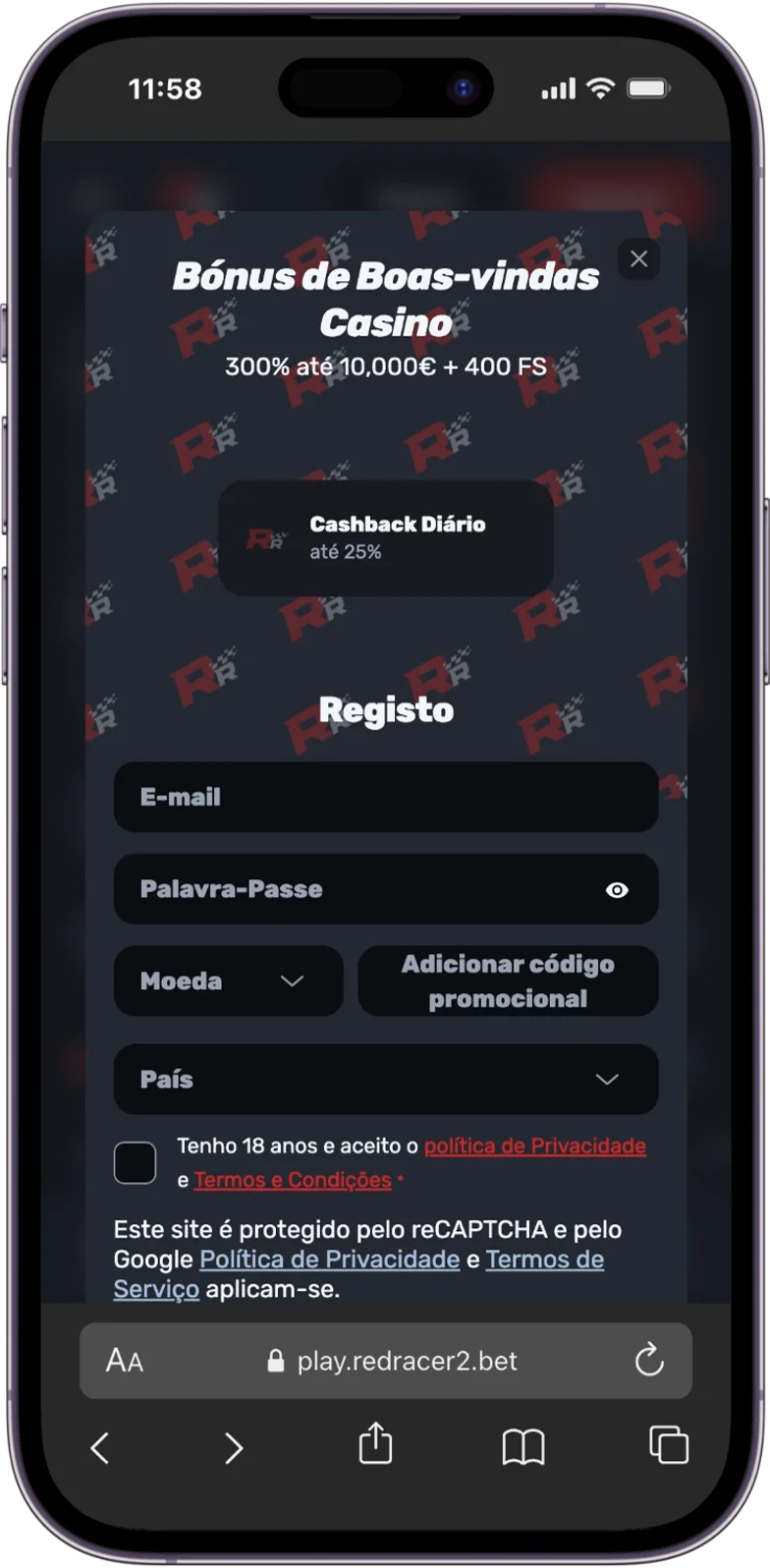 Registo Red Racer Casino